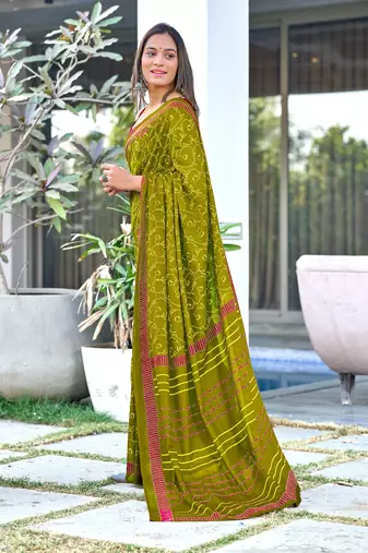 Mehendi block print soft pure cotton saree with blouse.