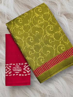 Mehendi block print soft pure cotton saree with blouse. 5