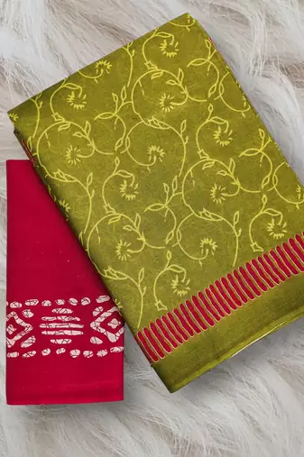 Mehendi block print soft pure cotton saree with blouse.