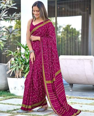 Wine block print soft pure cotton saree with blouse. 1