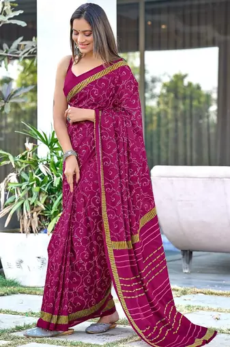 Wine block print soft pure cotton saree with blouse.