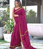 Wine block print soft pure cotton saree with blouse.