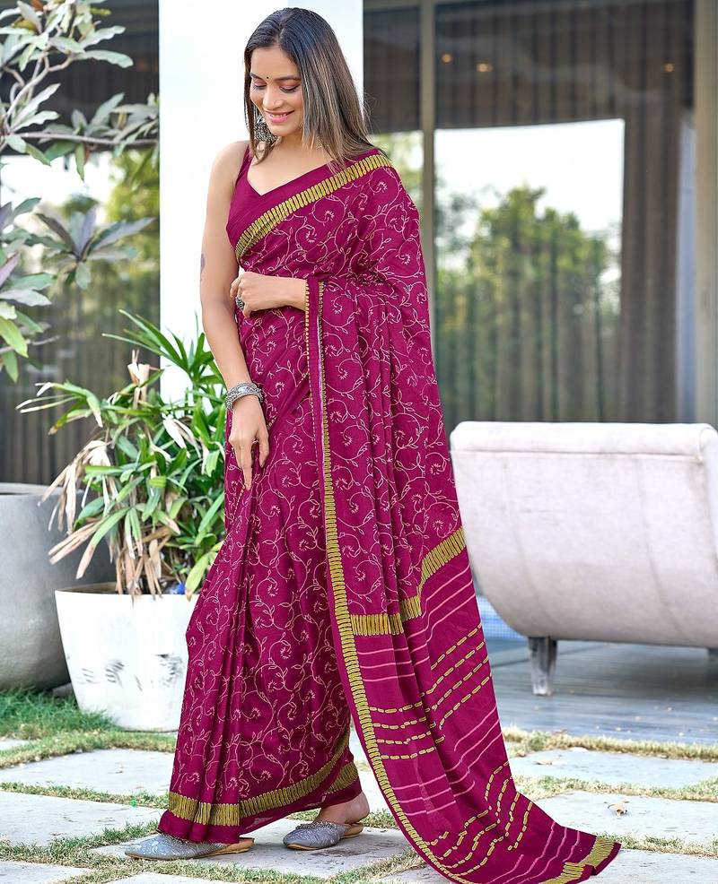 Wine block print soft pure cotton saree with blouse.