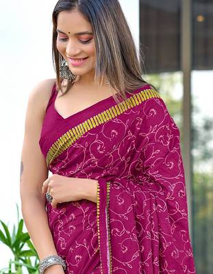 Wine block print soft pure cotton saree with blouse. 2