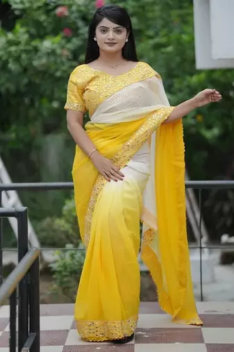 Yellow Color Embroidered Lace Border with Real Mirror Work Faux Georgatte Saree