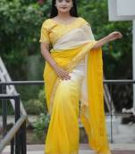 Yellow Color Embroidered Lace Border with Real Mirror Work Faux Georgatte Saree