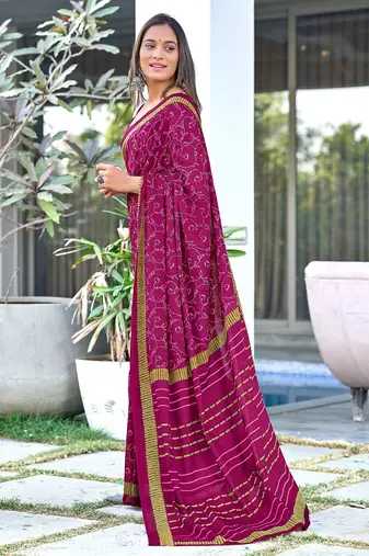 Wine block print soft pure cotton saree with blouse.
