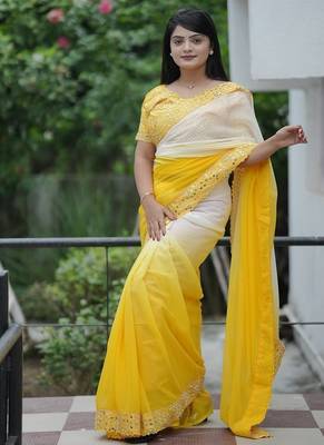 Yellow Color Embroidered Lace Border with Real Mirror Work Faux Georgatte Saree 3