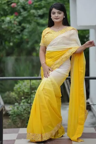 Yellow Color Embroidered Lace Border with Real Mirror Work Faux Georgatte Saree