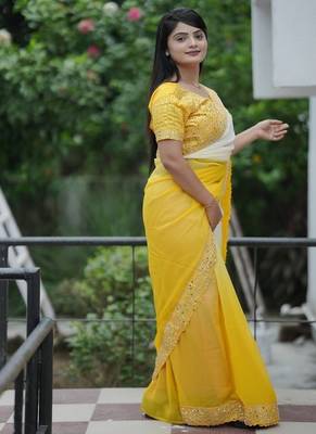 Yellow Color Embroidered Lace Border with Real Mirror Work Faux Georgatte Saree 4
