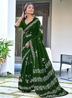 Dark green block print soft pure cotton saree with blouse. 1