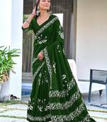 Dark green block print soft pure cotton saree with blouse.