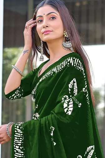 Dark green block print soft pure cotton saree with blouse.