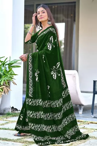 Dark green block print soft pure cotton saree with blouse.
