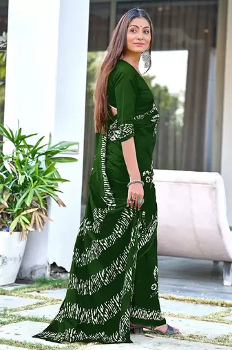 Dark green block print soft pure cotton saree with blouse.
