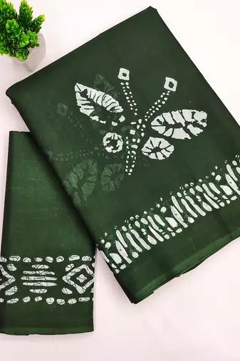 Dark green block print soft pure cotton saree with blouse.