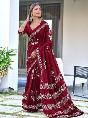 Maroon block print soft pure cotton saree with blouse. 1