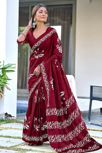 Maroon block print soft pure cotton saree with blouse.