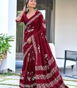 Maroon block print soft pure cotton saree with blouse.