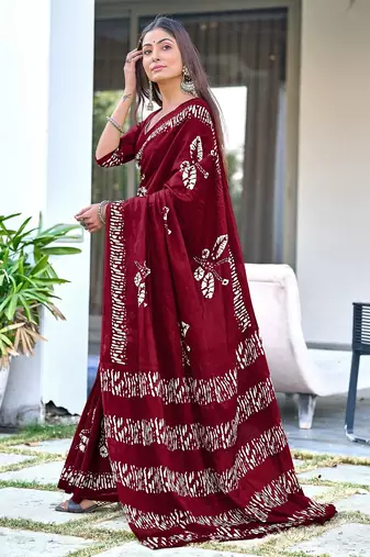 Maroon block print soft pure cotton saree with blouse.