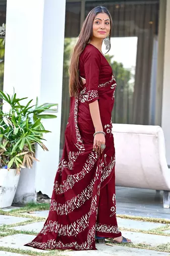 Maroon block print soft pure cotton saree with blouse.