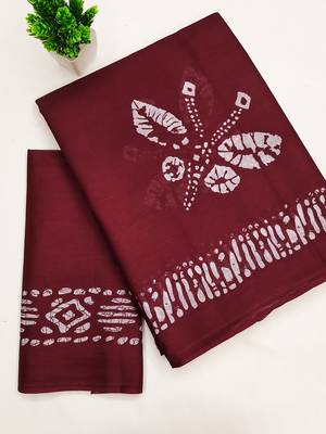 Maroon block print soft pure cotton saree with blouse. 5