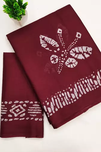 Maroon block print soft pure cotton saree with blouse.