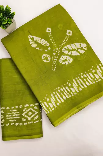 Mehendi block print soft pure cotton saree with blouse.