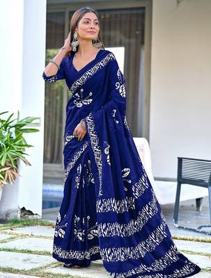 Navy blue block print soft pure cotton saree with blouse. 1
