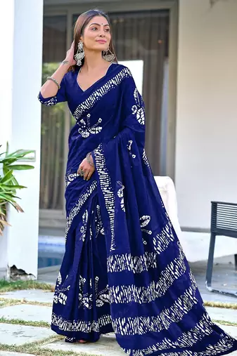 Navy blue block print soft pure cotton saree with blouse.