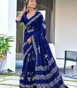 Navy blue block print soft pure cotton saree with blouse.