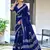Navy blue block print soft pure cotton saree with blouse.