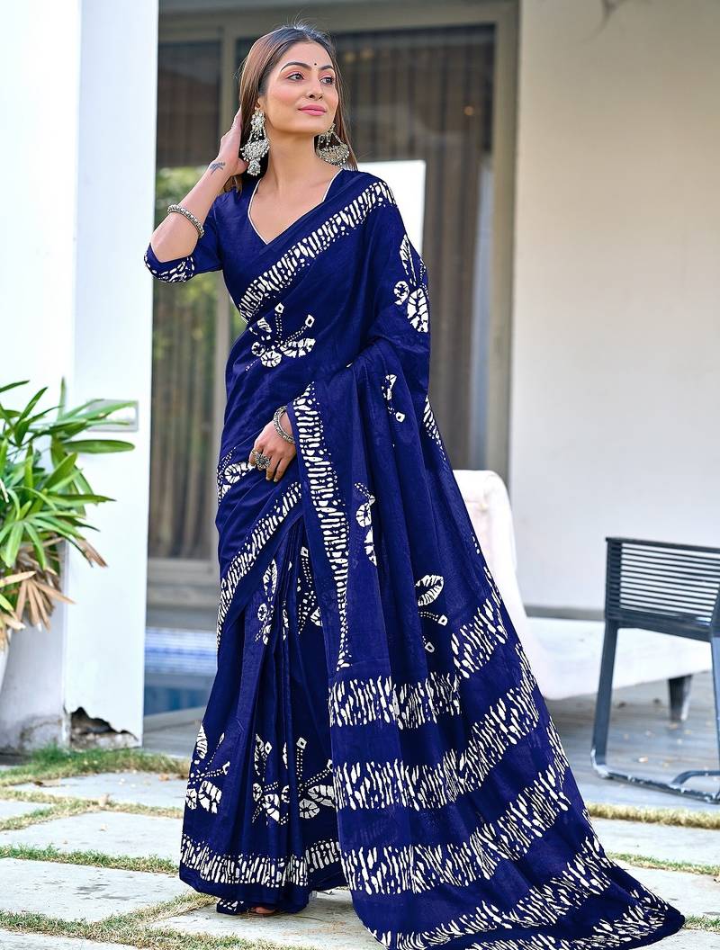 Navy blue block print soft pure cotton saree with blouse.