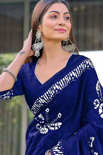 Navy blue block print soft pure cotton saree with blouse.