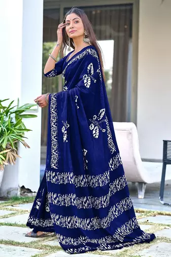 Navy blue block print soft pure cotton saree with blouse.
