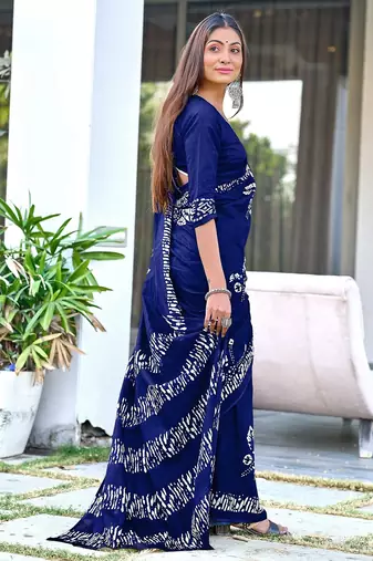 Navy blue block print soft pure cotton saree with blouse.