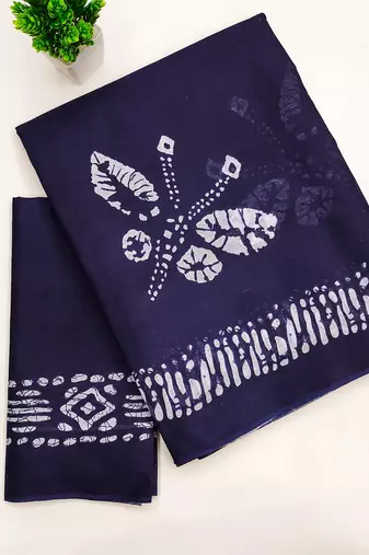 Navy blue block print soft pure cotton saree with blouse.