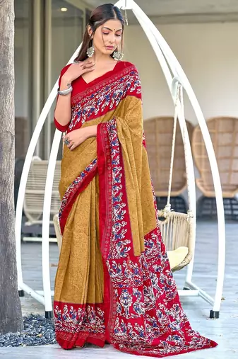 Beige, red batik print soft pure cotton saree with blouse.