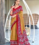 Beige, red batik print soft pure cotton saree with blouse.