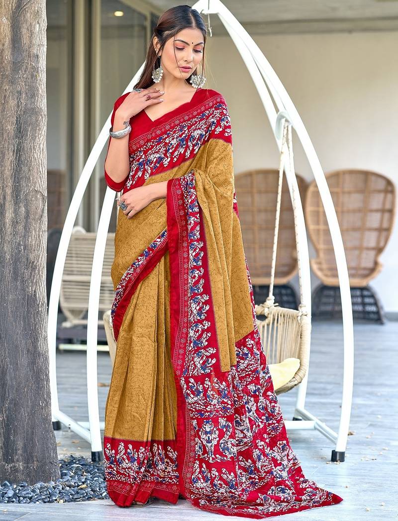 Beige, red batik print soft pure cotton saree with blouse.