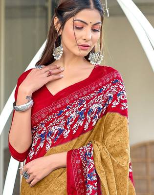 Beige, red batik print soft pure cotton saree with blouse. 2