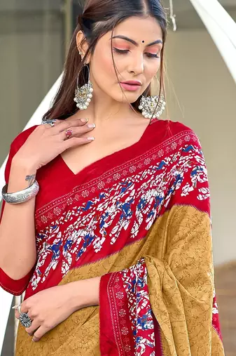 Beige, red batik print soft pure cotton saree with blouse.