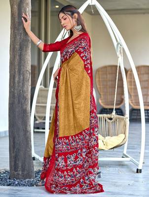Beige, red batik print soft pure cotton saree with blouse. 3