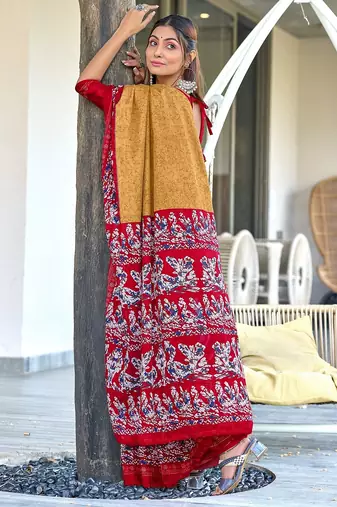 Beige, red batik print soft pure cotton saree with blouse.