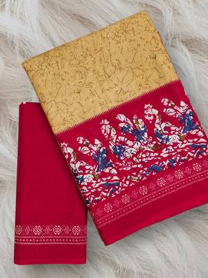 Beige, red batik print soft pure cotton saree with blouse. 5