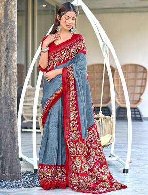 Grey, red batik print soft pure cotton saree with blouse. 1