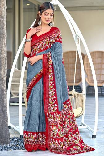 Grey, red batik print soft pure cotton saree with blouse.