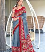 Grey, red batik print soft pure cotton saree with blouse.