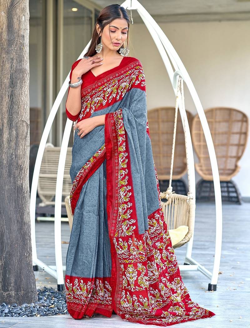 Grey, red batik print soft pure cotton saree with blouse.