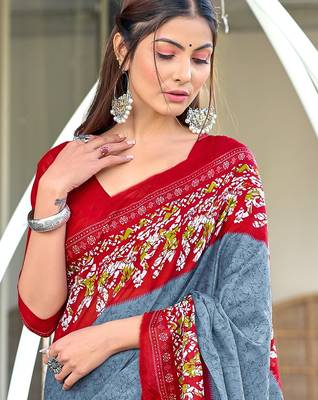 Grey, red batik print soft pure cotton saree with blouse. 2
